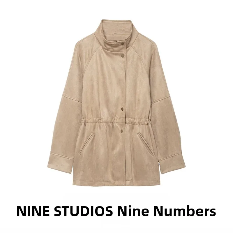 

Свободное замшевое жакет средней длины с высоким воротником и застежкой на талии для женщин, длинное свековое пальто на одной пуговице из полиэфирного волокна