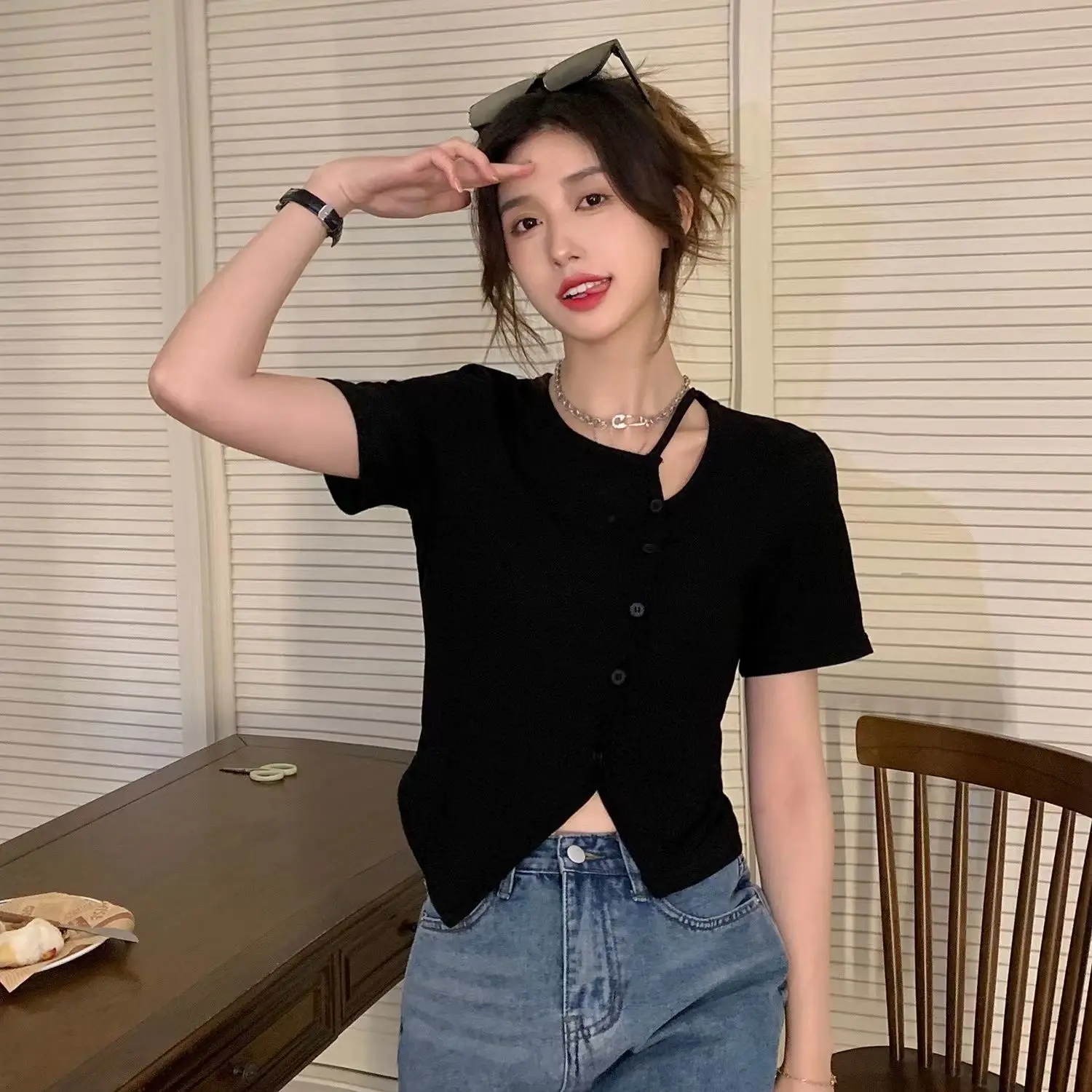 

Korea T-Shirts Short Sleeves Women Irregular Slit Hotsweet Summer Vintage Simple All-Match Streetwear Casual Daily Popular