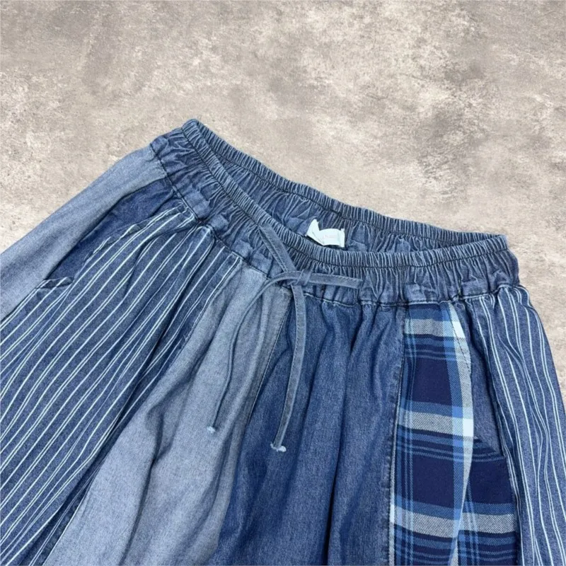 Johnature Pantaloni da donna a gamba dritta elastici casual larghi in denim a gamba larga scozzese a blocchi di colore vintage giapponese