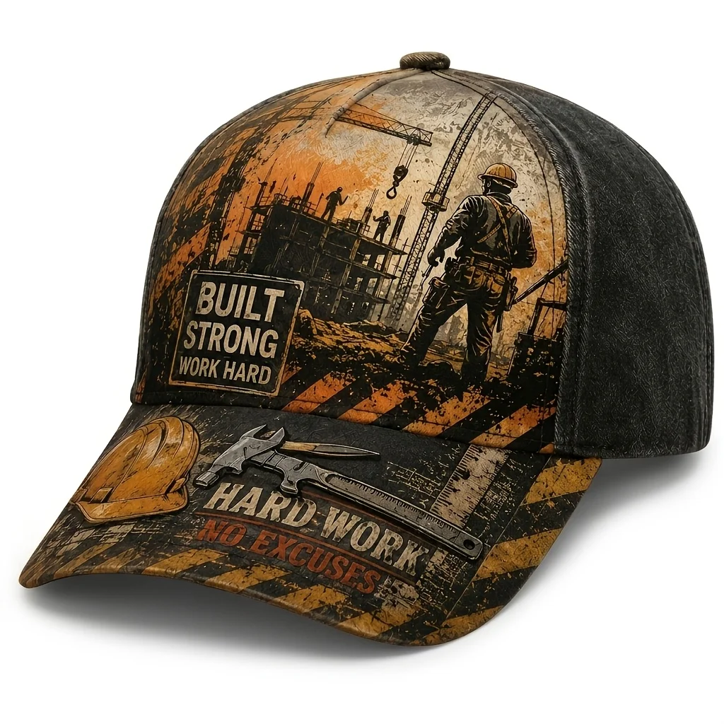 Custom Baseball Cap For Construction Professionals (Unisex) - Breathable Cap With 'Work Hard, No Excuses' Print - Suitable