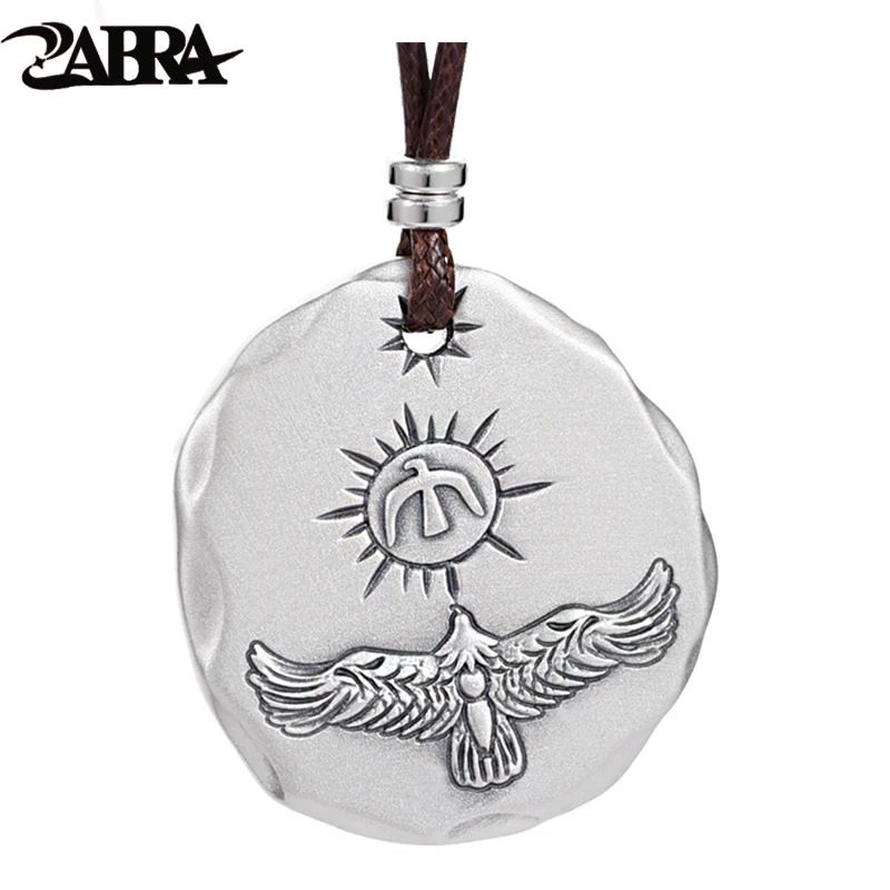 ZABRA 999 Pure Silver Male Personalized Retro Eagle Round Pendant Trendy Male Jewelry Necklace