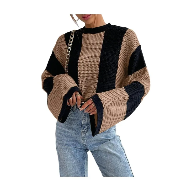 2024 Autumn And Winter Foreign Trade Foreign Style Knitted Sweater Tops Round Neck Striped Design Niche Sweater Jacket For Women