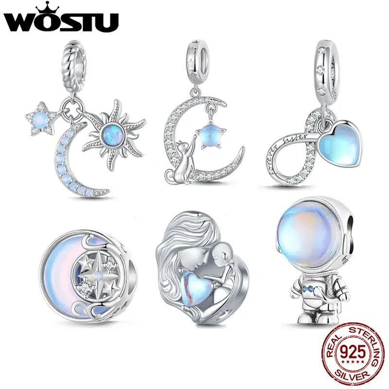 WOSTU 925 Sterling Silver Moonstone Charms Heart Beads Astronaut Moon Pendant Fit Original Bracelet DIY Necklace Jewelry Making