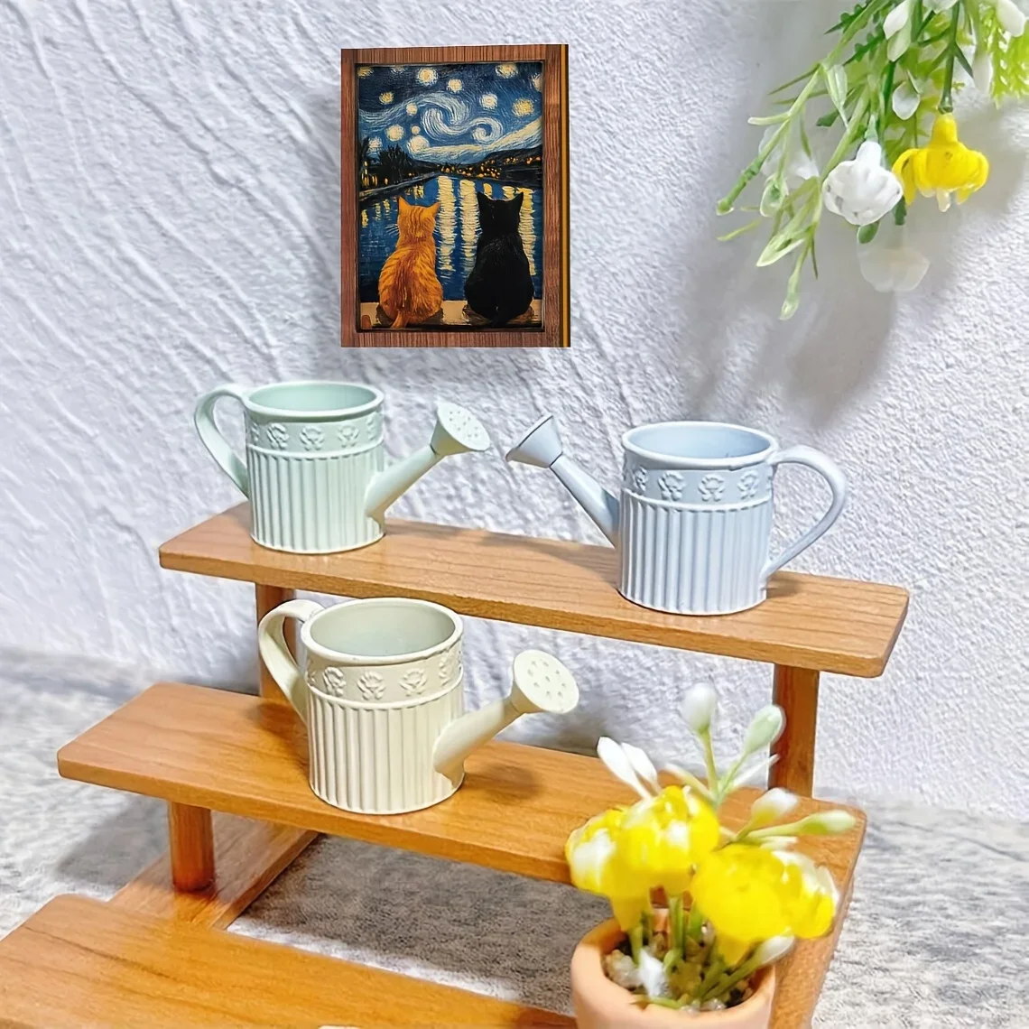 Starry Night Cats Mini Art Print, Inspired Wooden Framed Decor, Ideal for Dollhouse, Desk, & Tiny Space Display