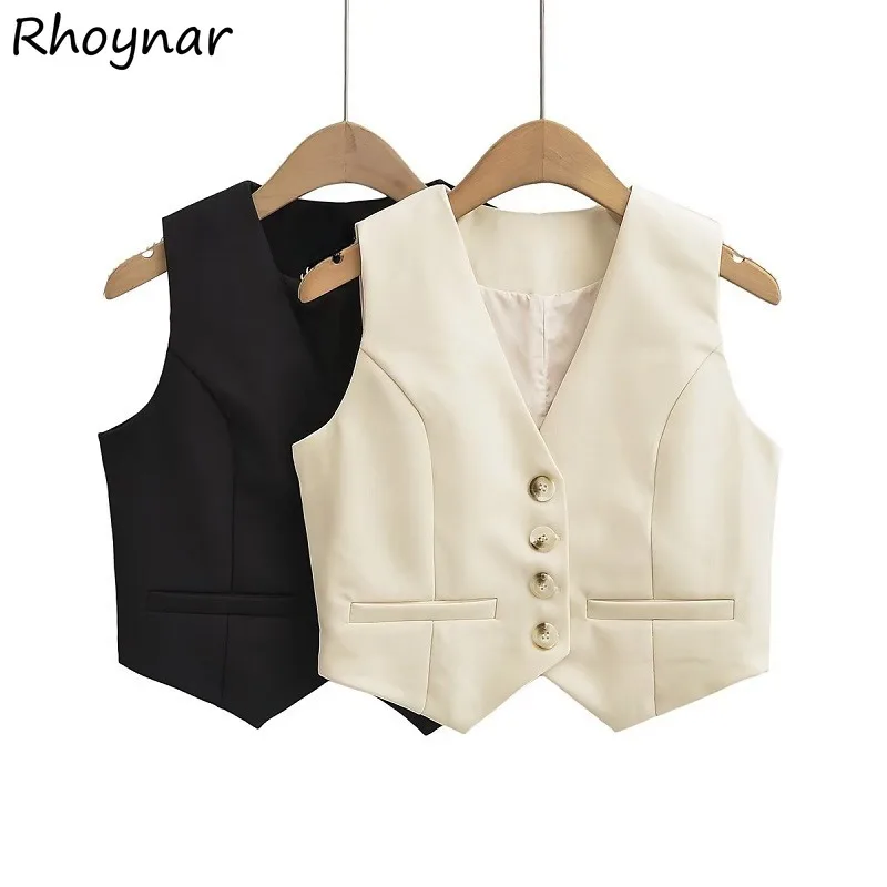 

Solid Vests Women Korean Style Button Sleeveless Crop Tops Designed Elegant Temperament Office Ladies Spring Casual All-match