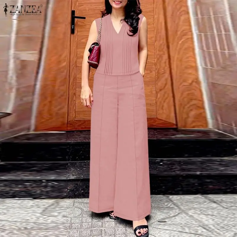 

2026 ZANZEA Summer Elegant V Neck Sleeveless Tank Tops Pant Sets Stylish Women 2 Piece Sets Solid Color OL Work Outfit Tracksuit