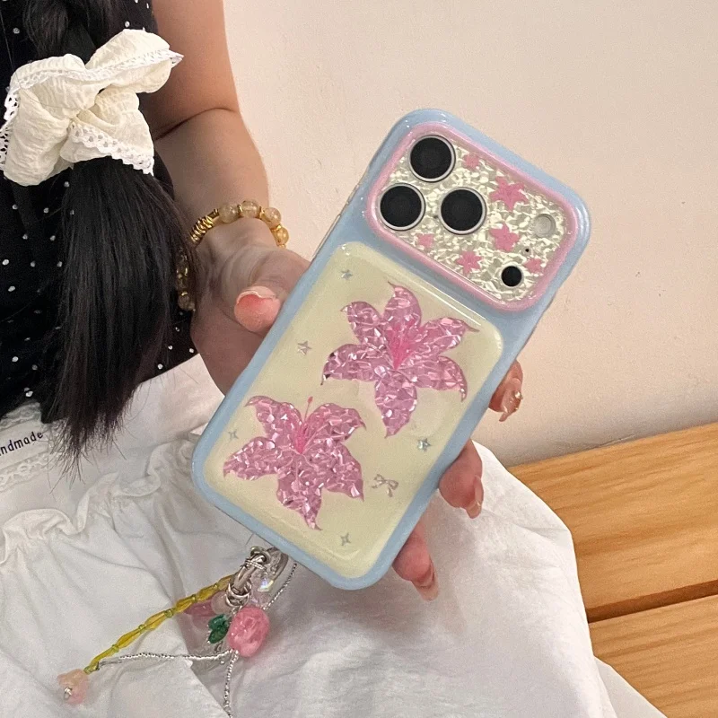 Pink Rhinestone Lily Flower Print Phone Case With Beaded Flower Chain Strap for iPhone 18 17, 16, 15, Pro, Promax, Shockproof