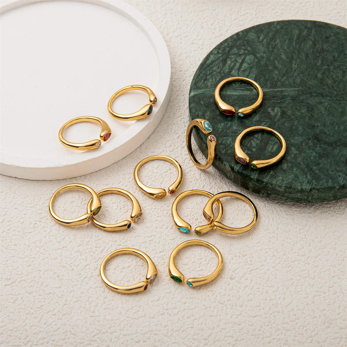 3-teiliges Set 18K Vergoldete Edelstahl Offene Ringe für Damen Bunter Kristall Zwei-Stein Stapelbare Fingerringe Schmuckgeschenk – Detail 6