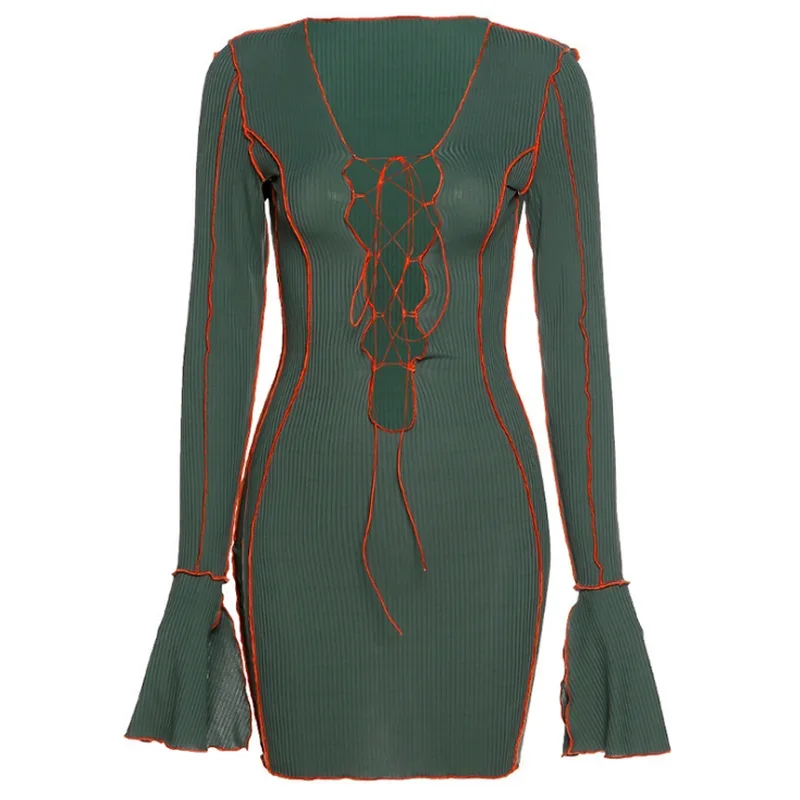 

2023 Long Sleeve Hollow Bandage V-neck Sexy Mini Dress Fall Spring Women's Fashion Street Clothing Set Party Clothing Vestidos