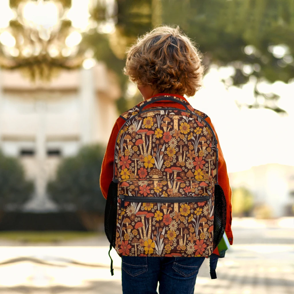 Mochila escolar de grande capacidade cartoon para meninas, mochila estudantil retrô, cogumelos e flores laranja marrons, década de 1970, 17"