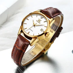 OLEVS Top Luxury Women Wristwatch Automatic Mechanical Waterproof Watch Calendar Brown Leather Watchstrap Lady Watches 2024