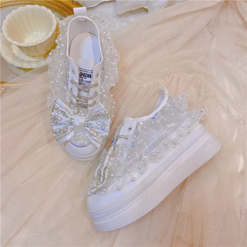 Summer Breathable Lace Single Shoes Water Diamond Bow Sweet Little White Shoes