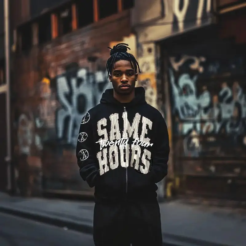 Lettering Embroidered Crew Neck Hoodie "Same Hours" Pattern Sweatshirt, Harajuku Goth Style, Unisex Streetwear