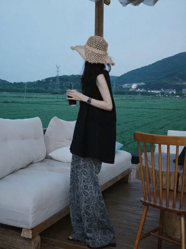 

Summer Outfit Women's Korean Lazy Style Slimming Sleeveless Vest Wide Leg Pants Two Piece Set Cotton round Neck Overhead