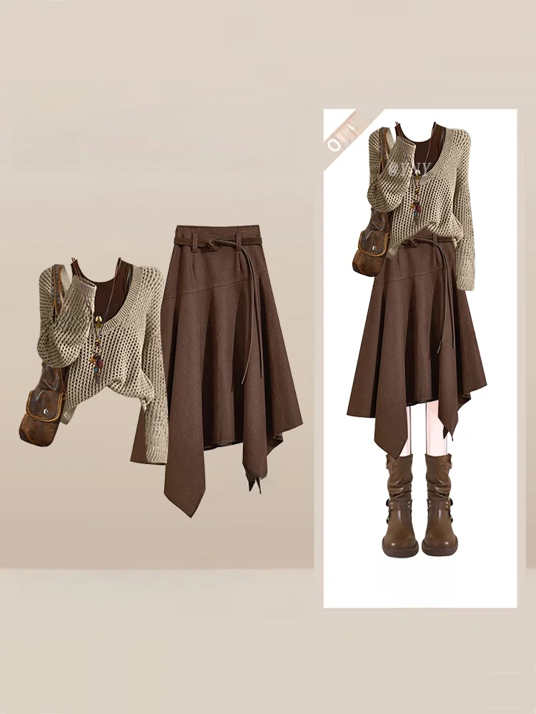 

Уникальный дизайн: зимний вязаный свитер и юбка А-силуэта для женщин, винтажный комплект из двух предметов в кофейном цвете с асимметричным кроем.