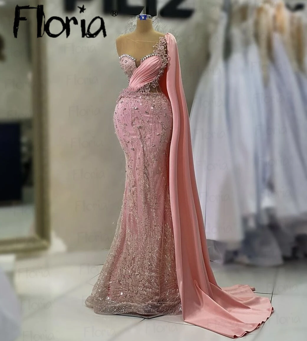 Floria Mermaid Cape Sleeve Pink Party Dress Illusion Beaded Wedding Dinner Night Gowns Long Celebrity Dress for Women Dubai