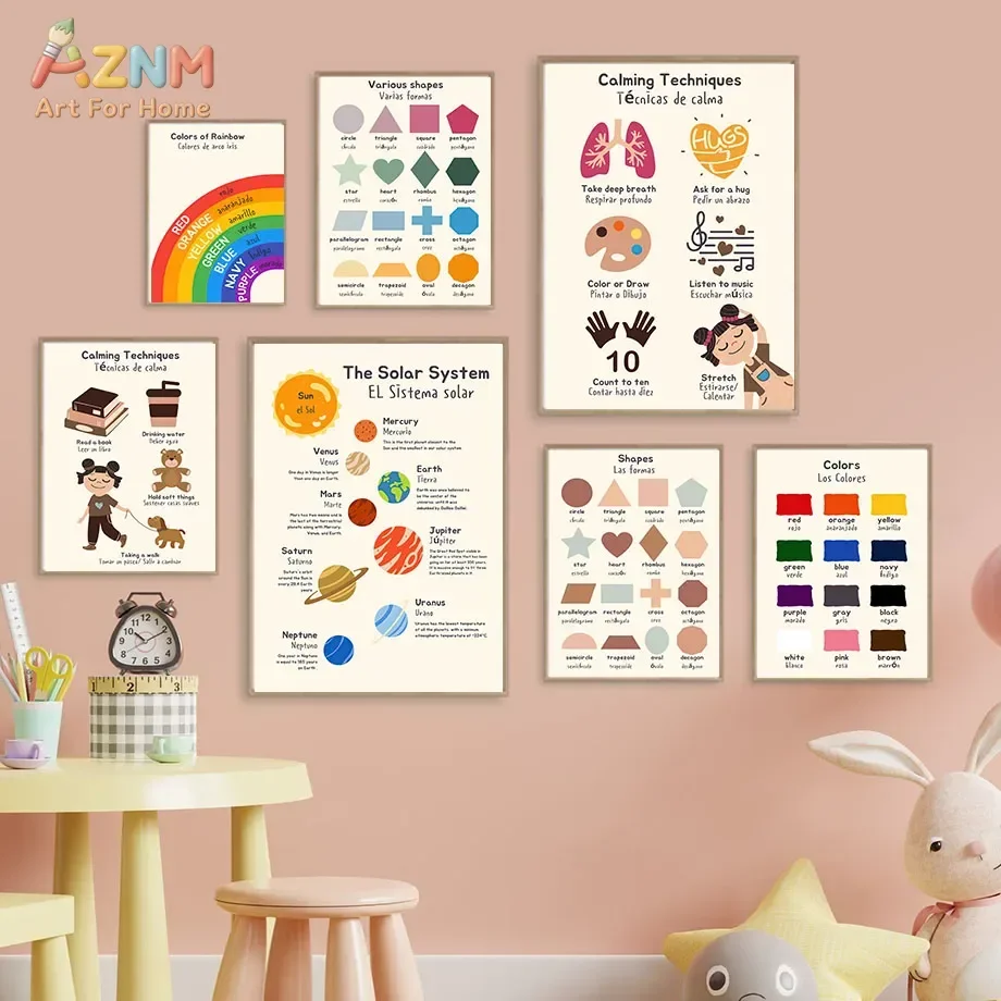 AZNM Tableau éducatif bilingue espagnol-anglais pour enfants, impression sur toile, système solaire, arc-en-ciel, formes, technique apaisante, sans cadre C
