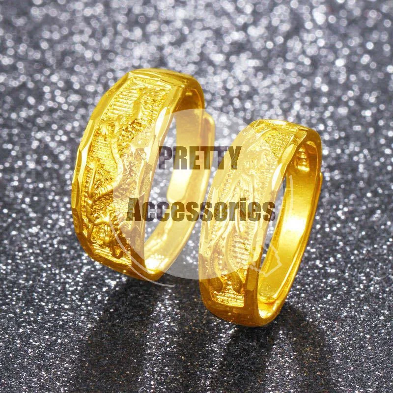 Dragon Phoenix Carved Couple Rings Gold Plated Adjustable Open Design for Wedding Daily Wear
