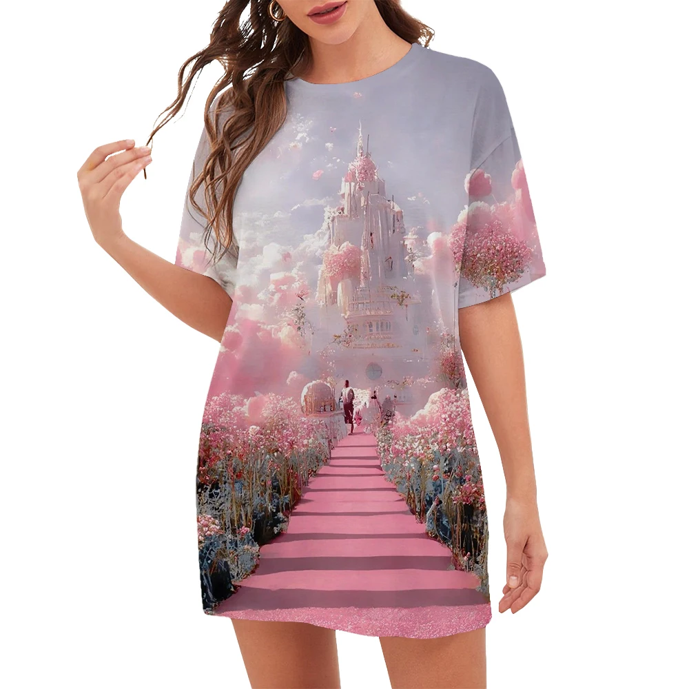 Landscape 3D Dream Women Flower Print Dress Fashion Summer Natural Scenery Short Sleeve Dress Streetwear Oversized Loose Clothes