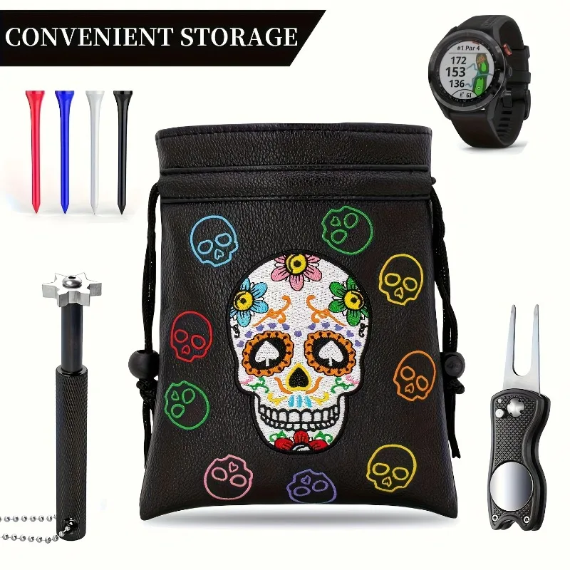 Compact Golf Drawstring Bag - Dustproof Synthetic Storage Pouch with Colorful Skull & Floral Design