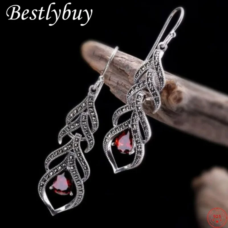 S925 Sterling Silver Earrings for Women Handmade Lady Elegant Water Drop Red Garnet Agate Pure Argentum Gems Jewelry