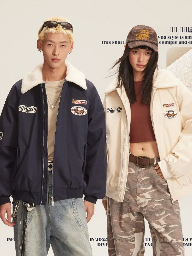 

Lamb Fur Collar Thiened Winter Cotton Jaet Men's American Retro Flight Jaet Couple's Outerwear Casual Loose Fit