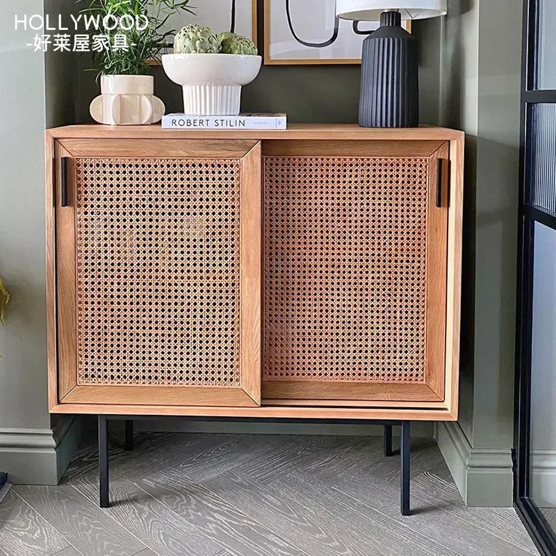 Nordic Solid Wood Rattan Dining Side Cabinet Living Room Small Apartment Wall Mounted Shoe Cabinet Household Storage Locker