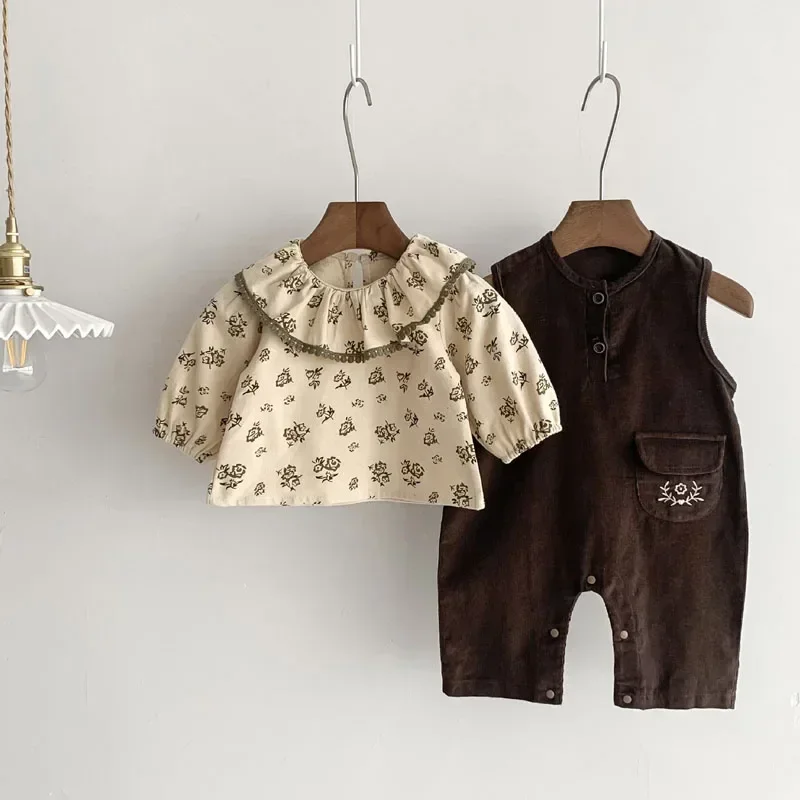 

New Autumn Korea Baby Girl Clothes 0-3Years Princess Kids Long Sleeve Flower Shirt Tops Corduroy Jumpsuit Dress Outwear Suit