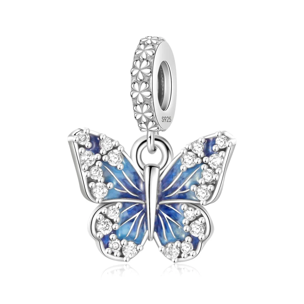 Pan Charms Original Sparkling Blue Butterfly Dangle Charm Bracelet Pendant Jewelry