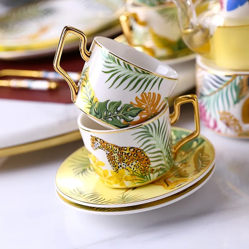 

Forest Cheetah Bone China Coffee Cup And Saucer Set Exquisite Luxury Teacup for Home Afternoon Tea Mug