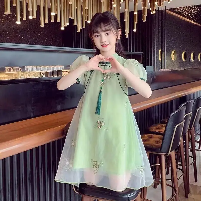 Kids Girls Summer Qipao Dress 2023 Short Sleeve Retro Princess Dress Baby Chinese Style Dress Hanfu Dress Little Girl Baby Dress