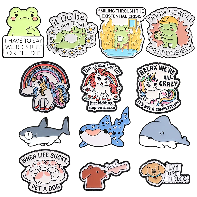 Cute Funny Animal Badge Cartoon Puppy Dog Frog Shark Enamel Pin Rainbow Unicorn Lapel Brooch Bag Clothes Accessories