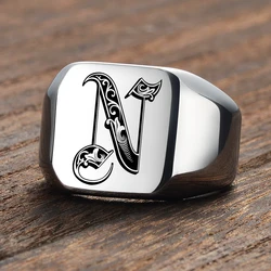 Punk Initials Ring for Men Capital Gothic 26 Letters 18mm Square Bulky Heavy Stamp Male Band Engraved Initials Signet Rings Gift