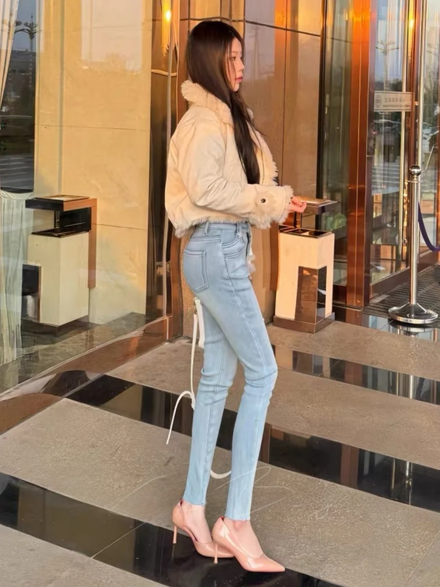 

High Waist Fce Lined Denim Capri Pants Retro Sle Women's Slim Fit Jeans Bootcut Trousers Autumn Winter Cotton Stretch