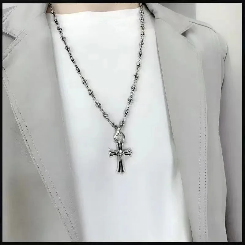 Cross Necklace High Version Men's and Women's Retro High-end Niche Cross Flower Trend Anchor Pin Lock Jewelry
