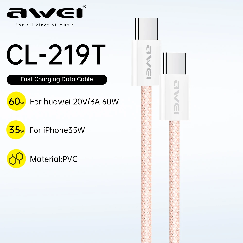 

Awei 60W PD USB Type C To Type C Data Cable Is Suitable for iPhone 16 For Xiaomi Poco Fast Charge USB C Data Cable Type