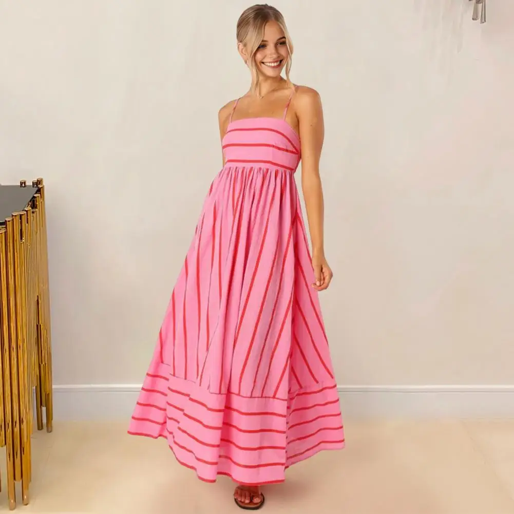 

Women Striped Dress Striped Print Maxi Dress with Backless Design A-line Silhouette for Summer Beach Vacation Style Summer Dress