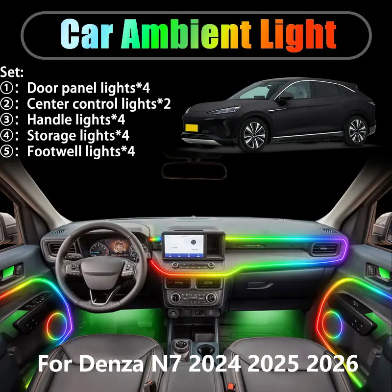

Для Denza N7 2024 2025 2026 2/18 в 1, автомобильное окружающее освещение, светодиодные внутренние светодиодные фонари багажника, USB RGB, ансамбль, аксессуары-стример