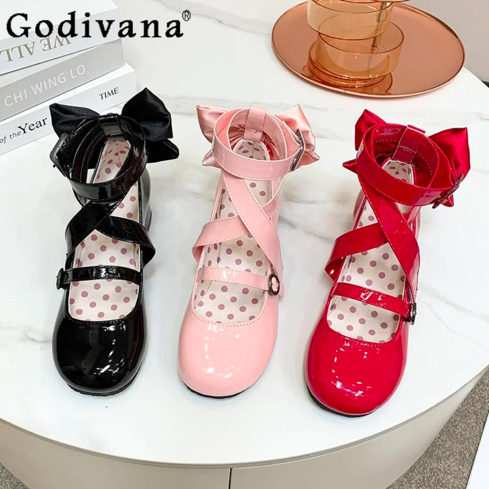 Japanese Lolita Butterfly Thick Sole High Heels Mary Jane Kawaii Shoes for Women Leather Girls Single Shoe