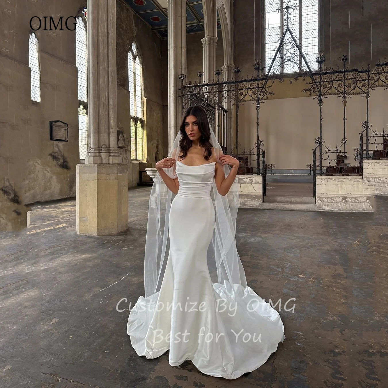 OIMG Simple Ivory Mermaid Wedding Dress Strapless Bride Dresses Stain With Big Tail Wedding Gowns vestidos de novia Customized