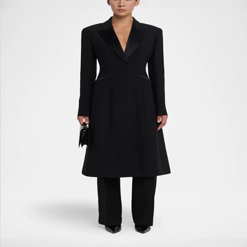 

New Arrival Solid Black Women Long Sleeve Turn-Down Collar Long Suit Coat