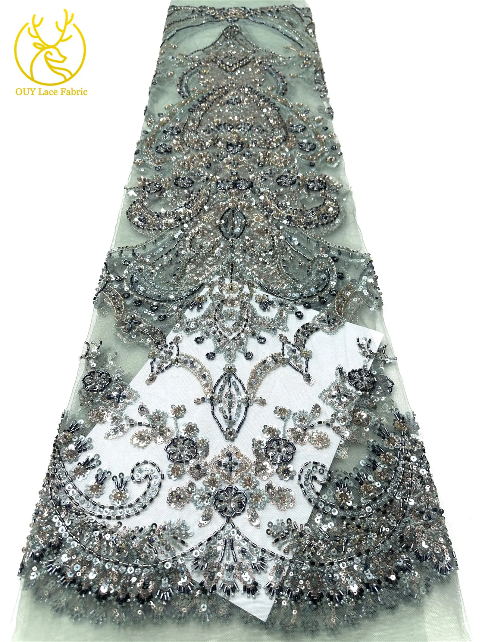 Pfirsichfarbener, hochwertiger, eleganter afrikanischer Brautkleidstoff mit Stickerei und Perlen, 2026 Nigerianische Pailletten-Spitze für Abendkleider und Hochzeitskleider zum Nähen – Detail 16