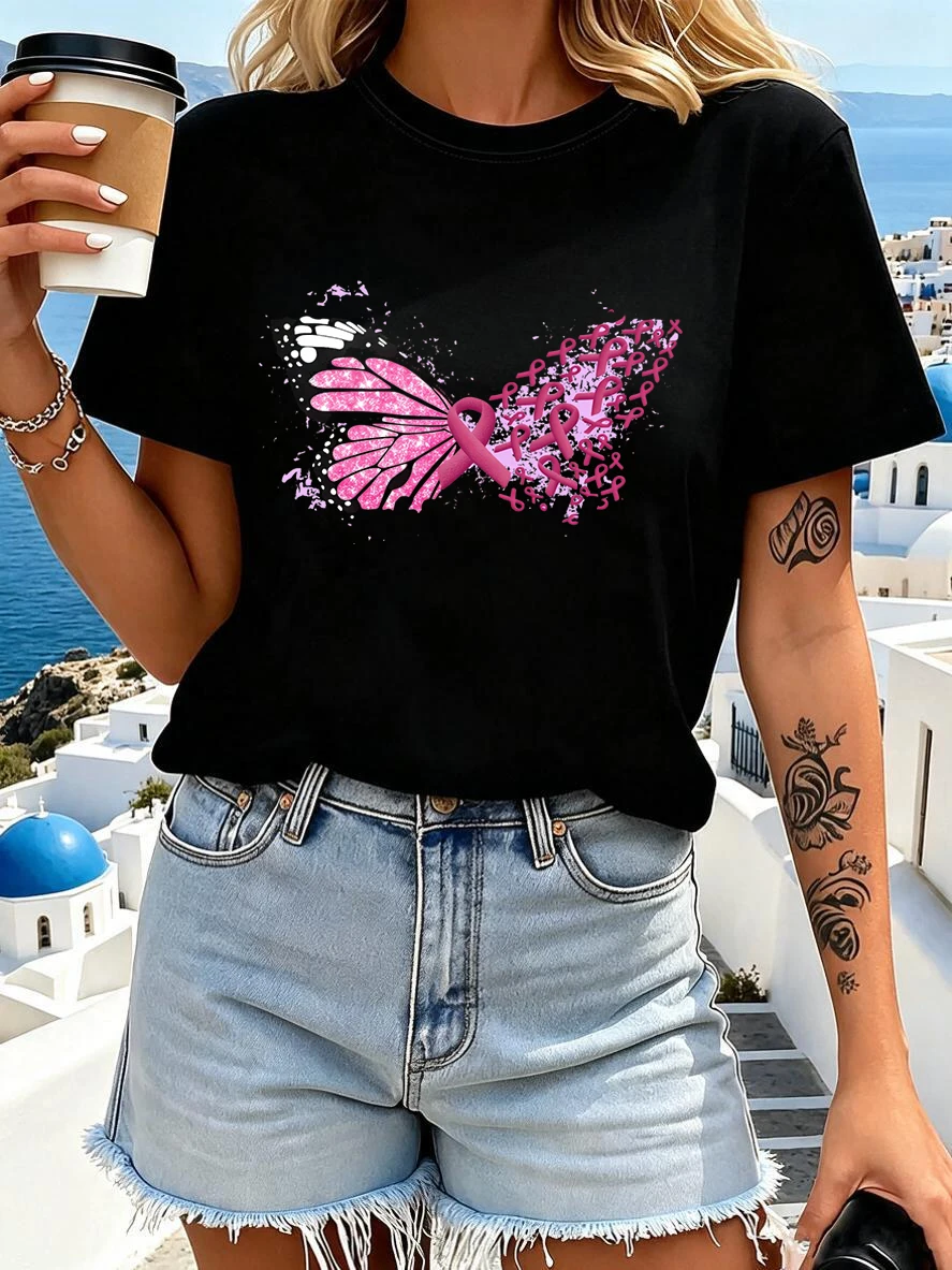 Crew Neck Short Sleeve T Shirt Women's Graphic Tee Tops with International Breast Day Design Print Casual T-shirt Clothes Female