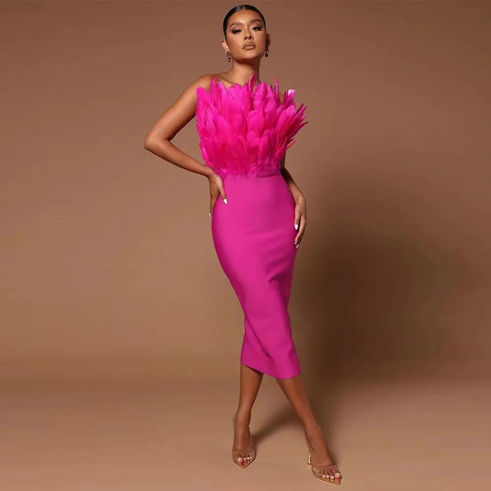 

Elegant Women's Evening Dress with Feather Detail Halter Neck Strap Long Sleeve Street Style Polyester Midi Skirt Zipper Closure