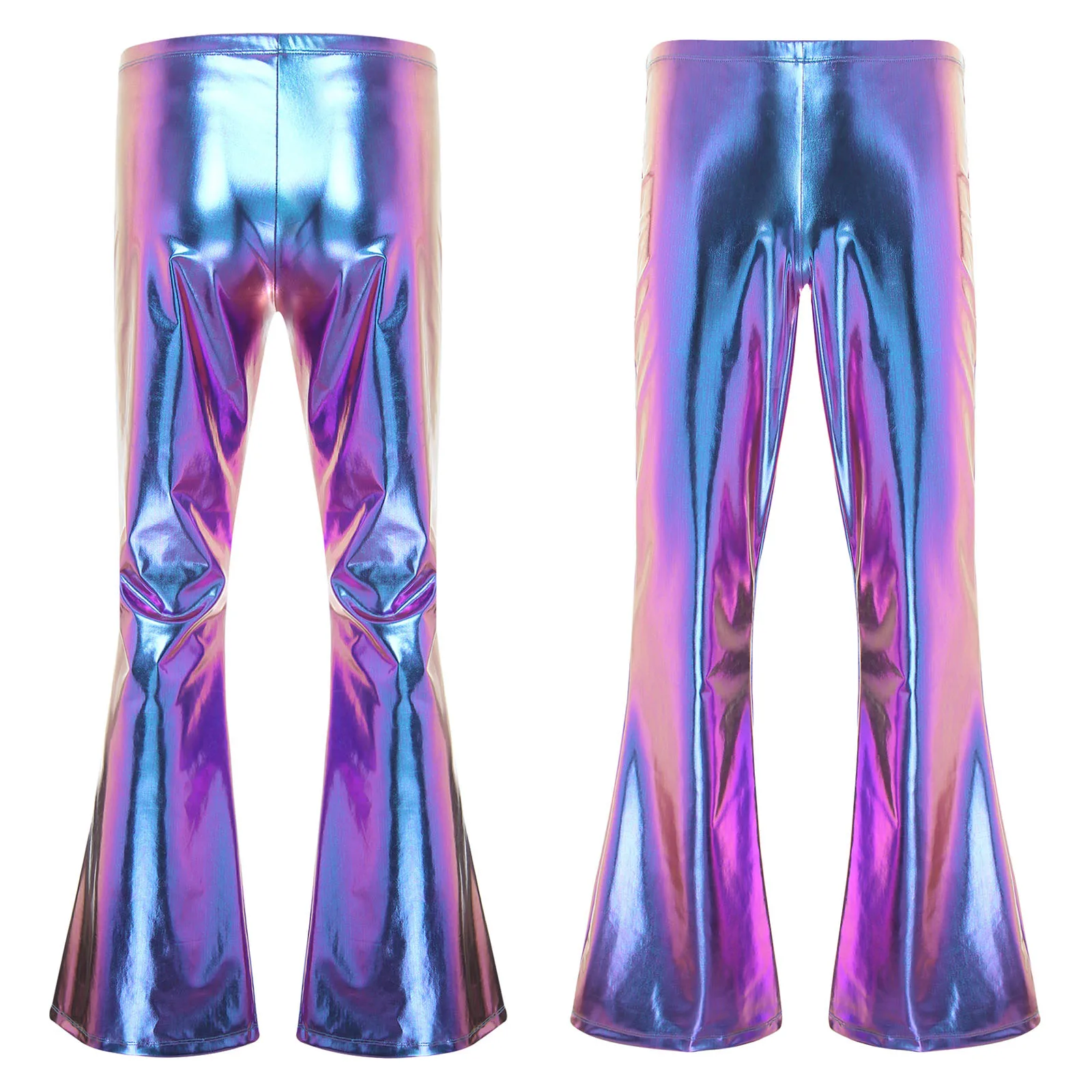 Mens Shiny Metallic Disco Pants with Bell Bottom Flared Long Pants Dude Costume Trousers for Rave Party Club Stage Performance