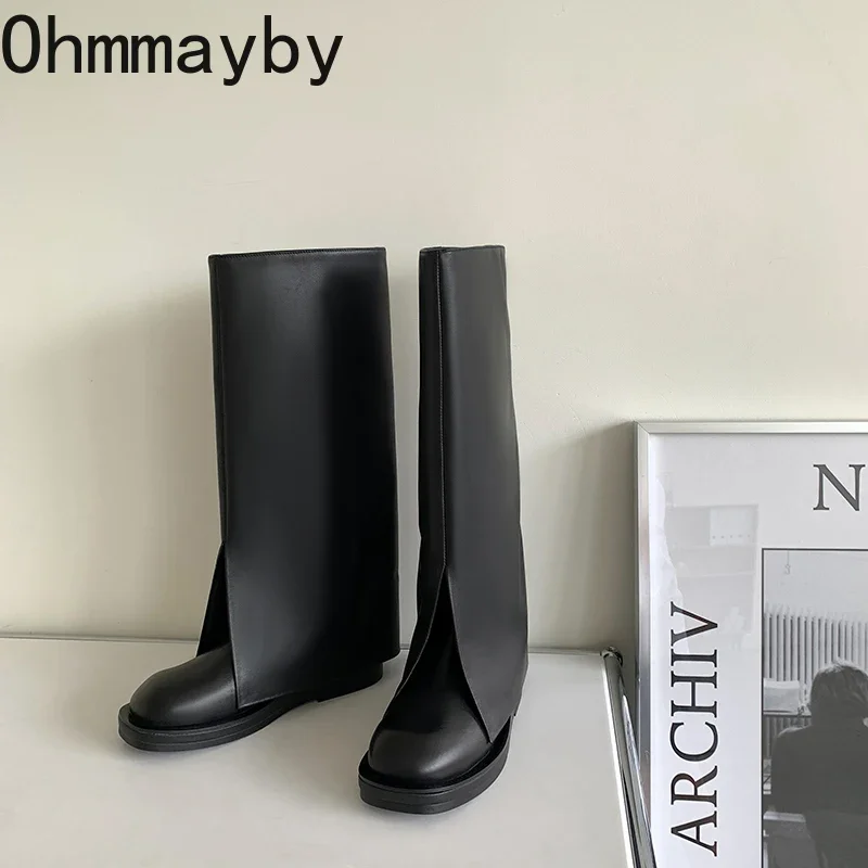 Autumn Winter Women Trouser Legs High Boots Fashion Slip On Round Toe Shoes Low Heel Ladies Knight Long Booties