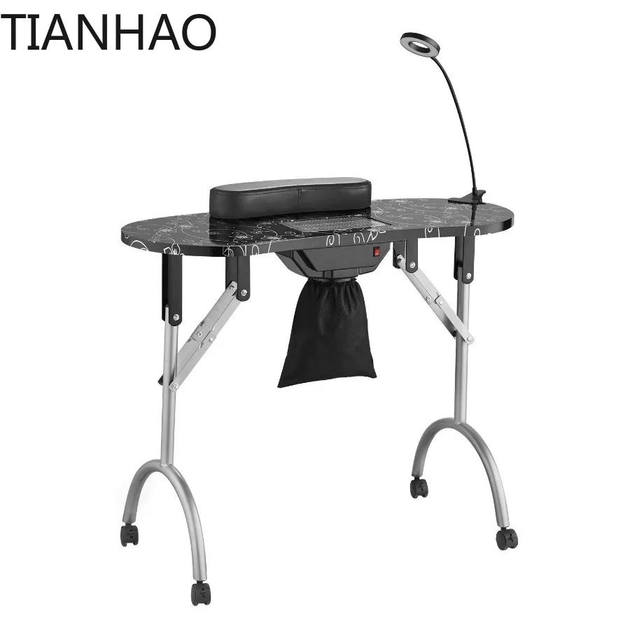 Portable Manicure Table Foldable Nail Table with Electric Dust Collector Moveable Nail Tech Desk and 4 Wheels 3 Dust Bags
