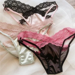 Cross Lace Hollow Out Sexy Underwear for Women Low Waist Sweet Bow Satin Panties Soft Cotton Crotch Breathable Briefs