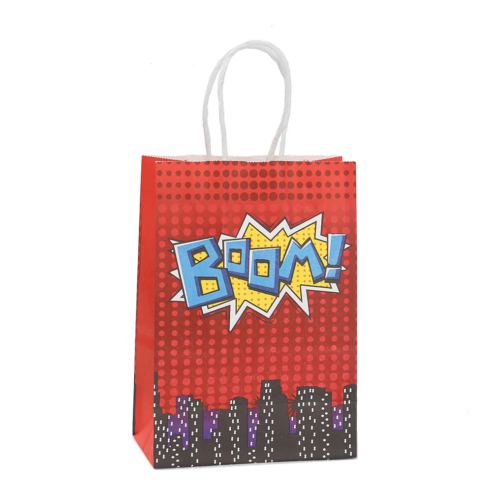 StoBag, Superhero Reusable Kraft Paper Gift Bags, Boom pattern, for birthday, party supplies, children\'s candy package, 12/30pcs