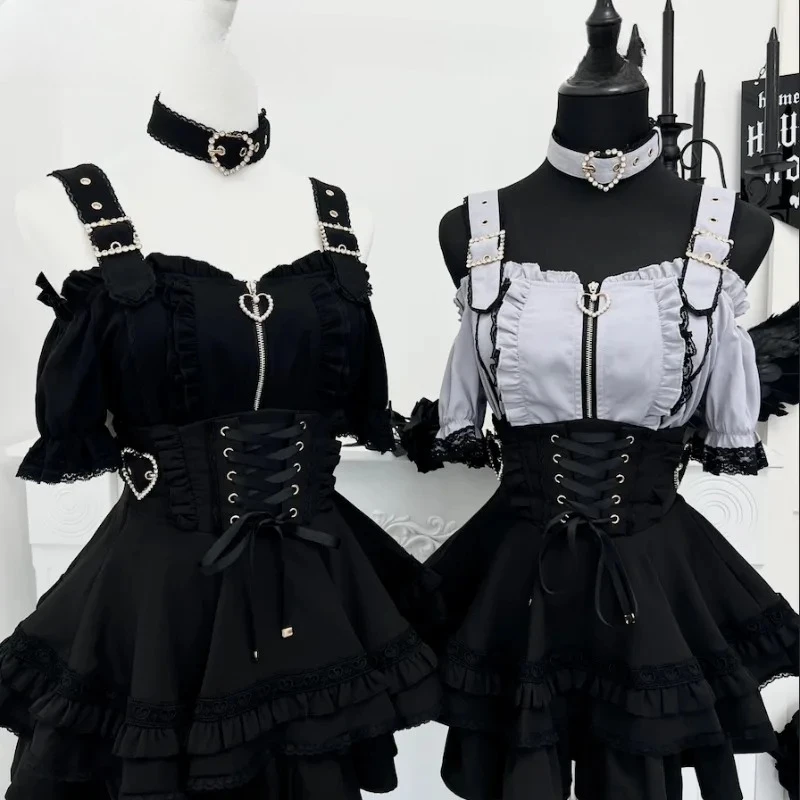 Nuovo prodotto estivo giapponese Camicia con cerniera a maniche corte con spalle scoperte Dolce versatile tinta unita Top a vita alta Set gonna corta